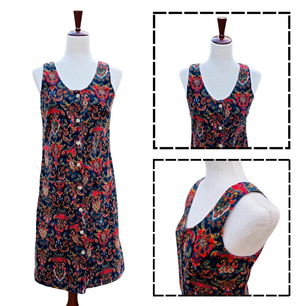 Tu Women Y2K Corduroy Paisley‎ Floral Button Front Shift Dress Size 8 Boho 90s